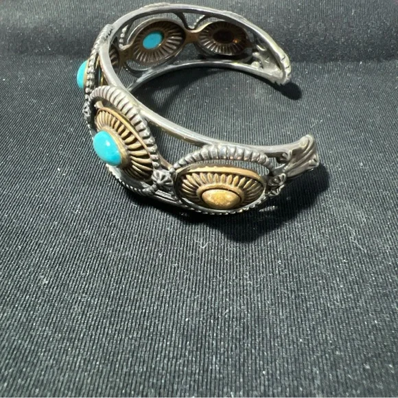 .925 Sterling&brass Carolyn Pollack Fritz Casuse Mixed Metal Turquoise Bracelet - Picture 2 of 8